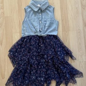 Justice Girl's Chambray w/ Blue Floral Tulle Ruffled Skirt Sleeveless Dress Sz 8